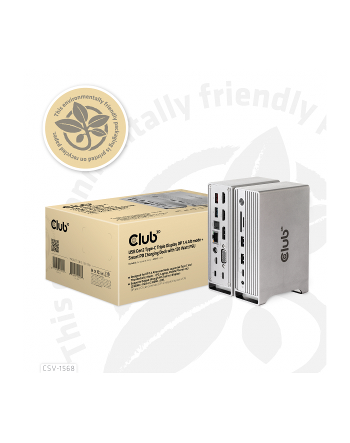 club 3d Stacja dokująca Club3D CSV-1568 (USB Gen2 Type-C Triple Display DP Alt mode + Displaylink™ Dynamic PD Charging Dock with 120 Watt PS) główny