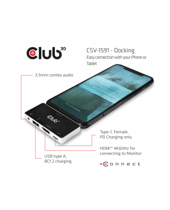 club 3d Hub Club3D CSV-1591 (4-in-1 USB Type-C hub with HDMI  USB Type-A 20  35mm audio and USB Type-C PD charging)