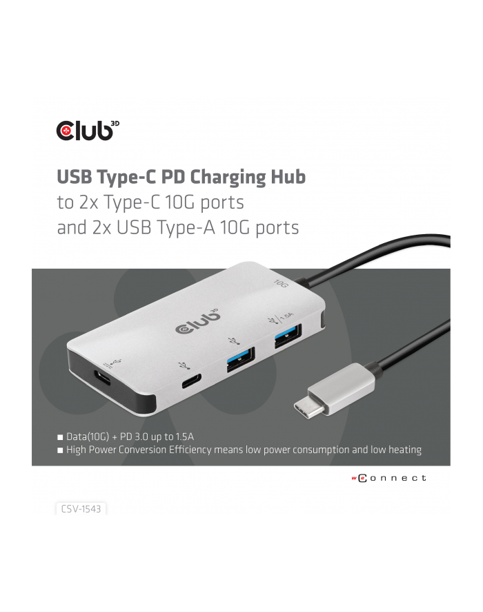 club 3d Hub Club3D CSV-1543 (USB Gen2 Type-C PD Charging to 2x Type-C 10G ports and 2x USB Type-A 10G ports Hub) główny