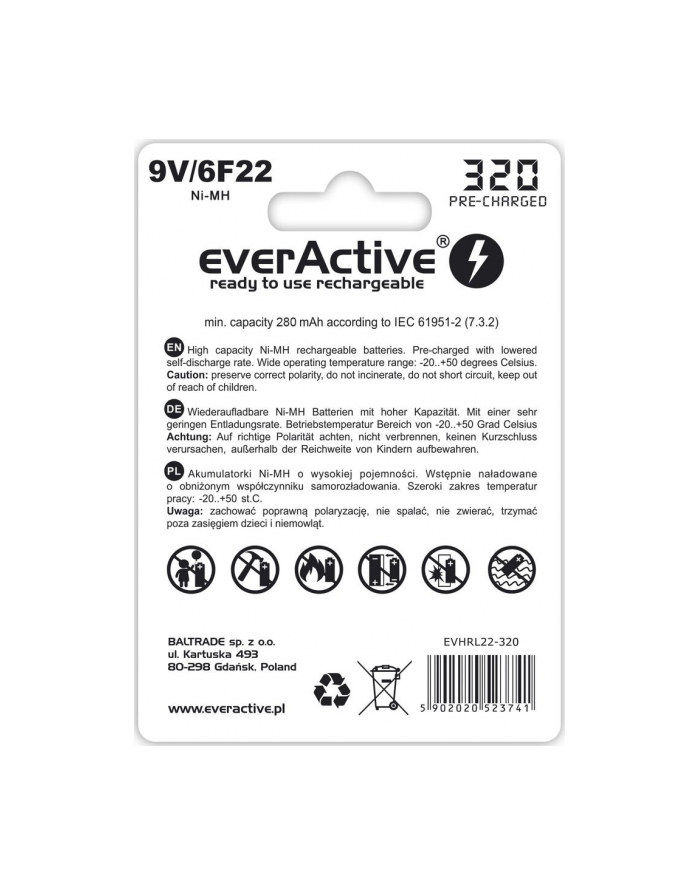 everactive Akumulator 6F22/9V Ni-MH 320 mAh 1 szt. ready to use główny