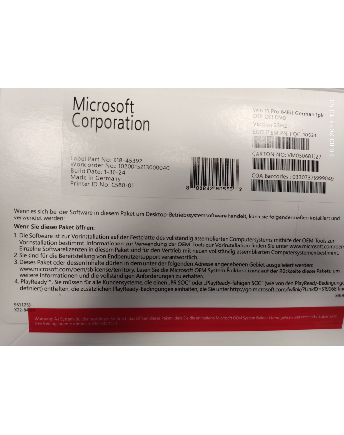 Microsoft SB Windows 11 Pro 64bit D-E - DVD główny