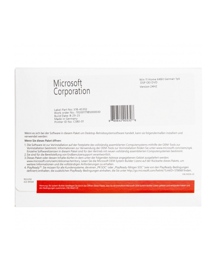 Microsoft SB Windows 11 Home 64bit D-E - DVD główny