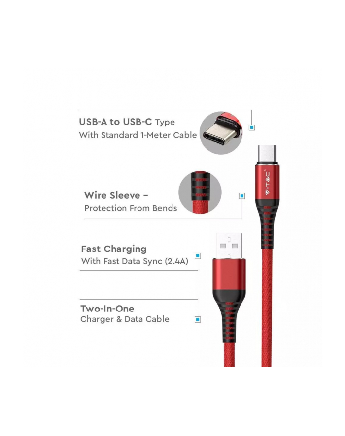 v-tac Kabel USB Typ-C 1M 2.4A Czerwony główny