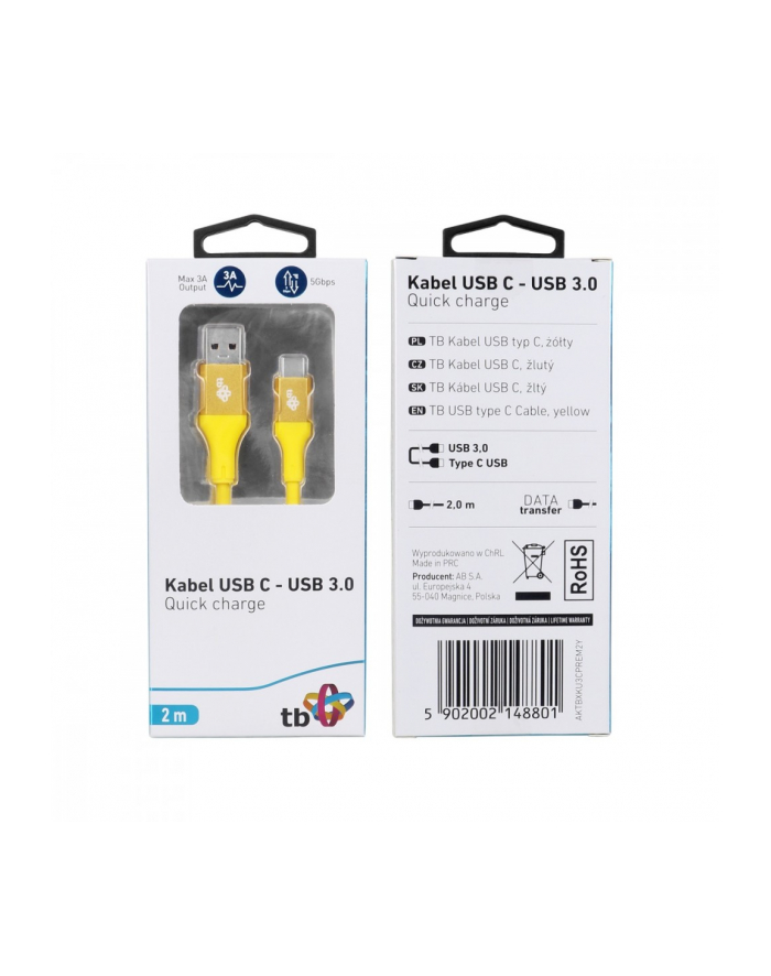 tb Kabel USB 3.0 - USB C 2m PREMIUM 3A żółty TPE główny