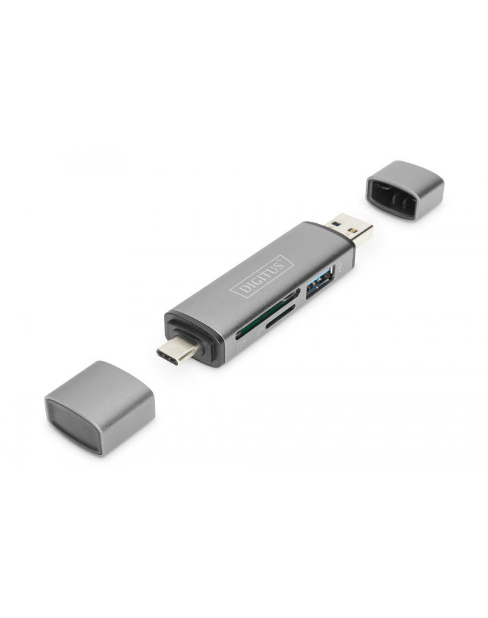 digitus Czytnik kart 3-portowy USB Typ C/ USB 3.0 SuperSpeed SD Micro SD HQ  aluminium Szary główny