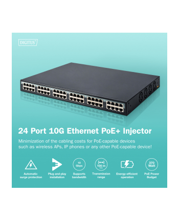 DIGITUS 24-Port Gigabit PoE+ Injector 24 ports data in 24 ports data out+PoE 370W power support nr 1