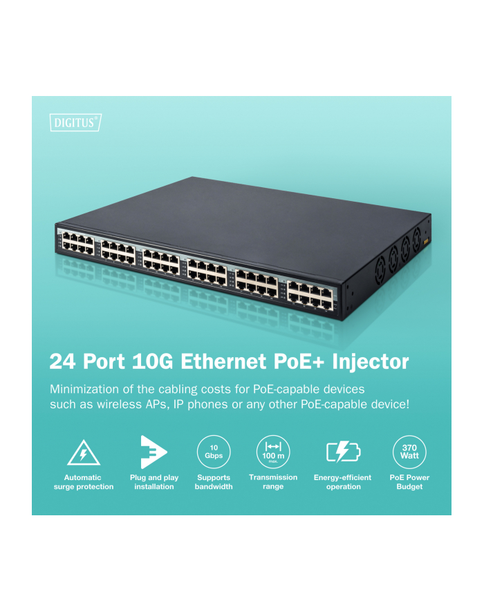 DIGITUS 24-Port Gigabit PoE+ Injector 24 ports data in 24 ports data out+PoE 370W power support główny