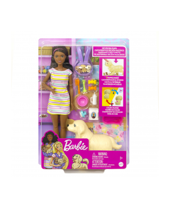 Barbie doll (brunette) with dog + puppies - HCK76
