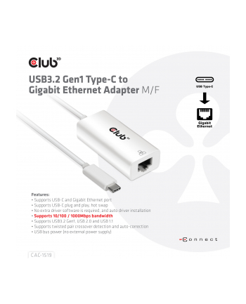Club 3D Karta sieciowa USB3.2 Gen1 Type-C to Gigabit Ethernet Adapter (CAC1519)