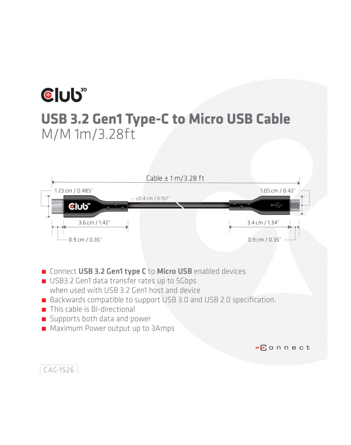 Club 3D Club3D Kabel USB 3.2 Gen1 Type C na Micro USB Cable (M/M), Bidirectional, 1m (CL3) główny