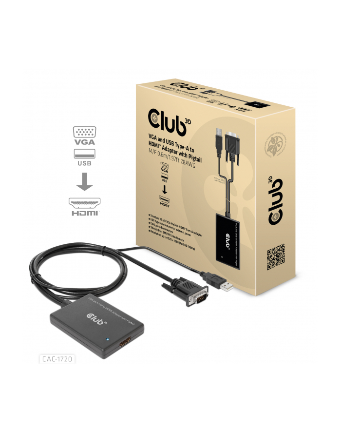 Club 3D Club3D kabel VGA a USB-A na HDMI, M/F, 0.6m (CL3) główny