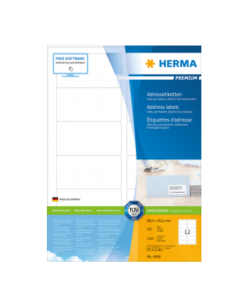 Herma Etykiety Premium 4666 A4 adresowe białe 88.9 x 46.6mm papier matowy 1200szt. zaokrąglone narożniki 4666