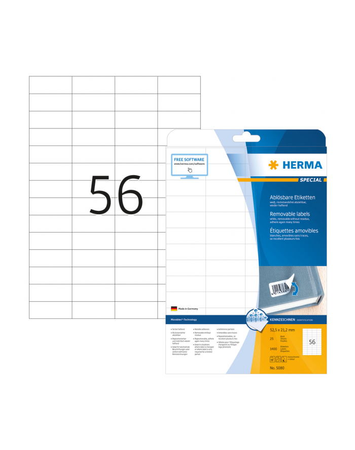 Herma Etykiety odklejalne 5080 Movables A4 52.5 x 21.2mm białe papier matowy 1400 szt 5080 główny
