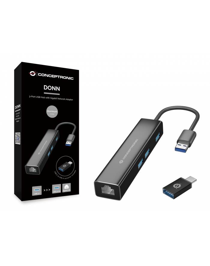 Conceptronics Conceptronic - hub - 3 ports USB hub - 3 - Czarny (DONN07BA) główny