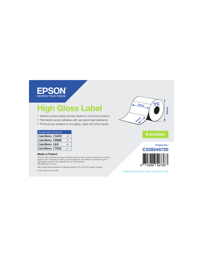 Epson High Gloss Label Die Cut Roll: 76Mm X 51Mm C33S045720 główny