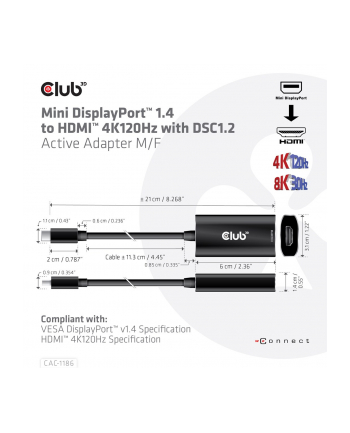 Adapter Club 3D CAC-1186 MiniDisplayPort™ 14 to HDMI™ 4K120Hz HDR Active Adapter M/F