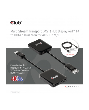 Hub Club 3D CSV-7200H Multi Stream Transport (MST) Hub DisplayPort™  14 to DisplayPort™ 14 to HDMI™ Dual Monitor 4K60Hz M/F