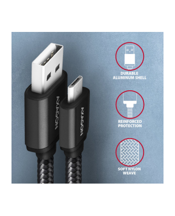 Axagon BUMM-AM10AB, HQ kabel Micro USB <-> USB-A, 1m, USB 2.0, 2.4A, ALU, oplet, CZARNY (AXN)