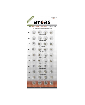 Arcas AG Set (8xAG1, 8xAG3, 8xAG4, 8xAG13, 4xAG5, 4xAG12), Alkaline Button Cell, 40 pc(s)