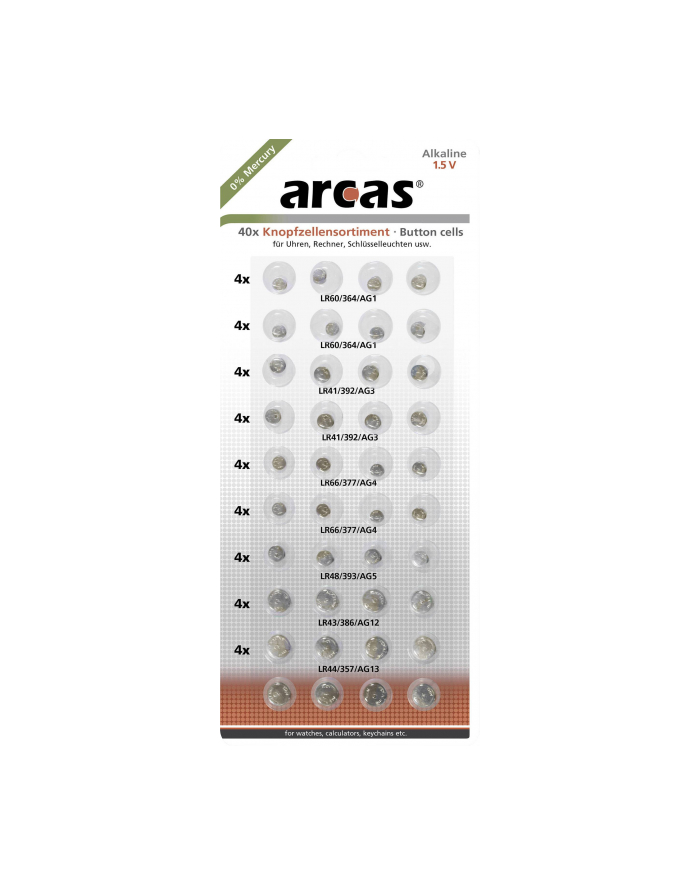 Arcas AG Set (8xAG1, 8xAG3, 8xAG4, 8xAG13, 4xAG5, 4xAG12), Alkaline Button Cell, 40 pc(s) główny