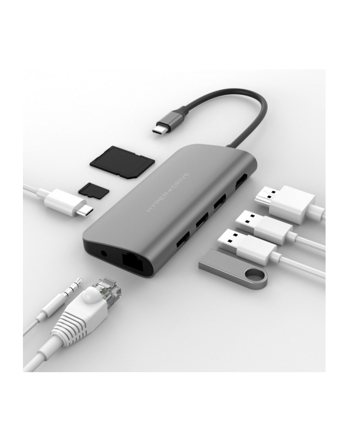 hyperdrive Stacja dokująca Hyper POWER 9-in-1 USB- C HUB, Gigabit Ethernet, 4K HDMI, MicroSD, 3x USB-A, USB-C PD 60W, AudioJack Szara główny