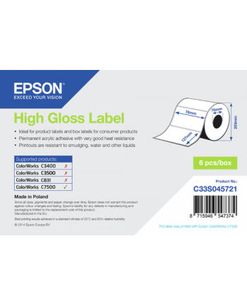 Epson High Gloss Label - Die-cut Roll: 76mm x 127mm, 960 labels C33S045721