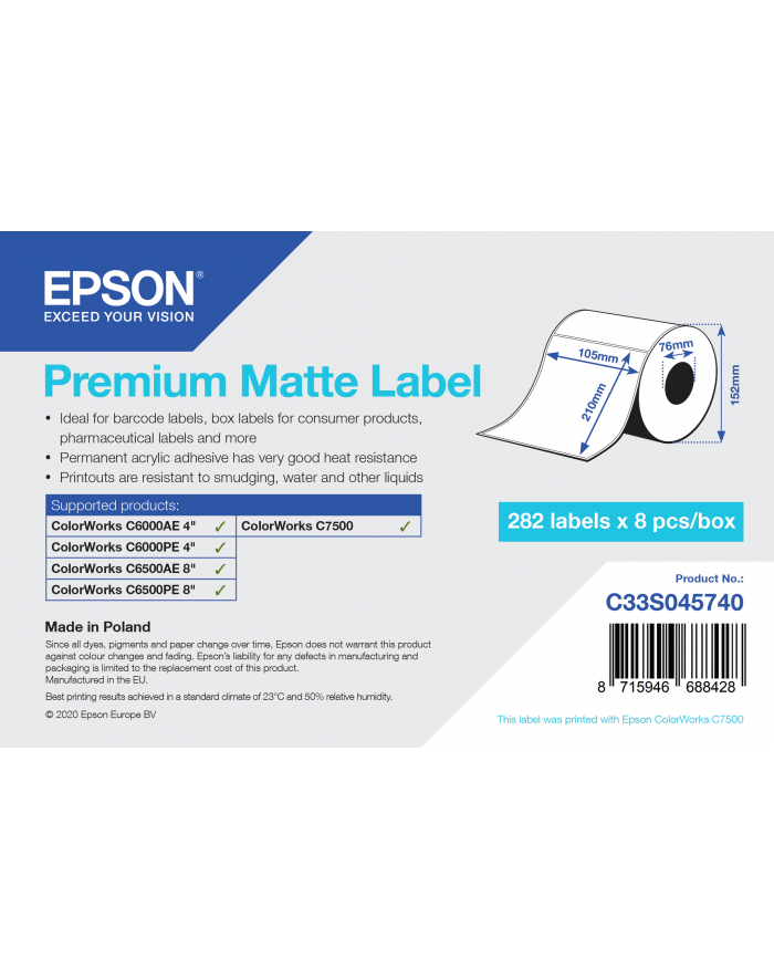 Epson Premium Matte Label - Die-Cut Roll: 105mm x 210mm, 282 labels C33S045740 główny