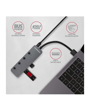 Axagon HUE-MSA, 4x USB 3.2 Gen 1 SWITCH hub, kovový, micro USB nap. konektor, kabel USB-A 20cm (AXN)