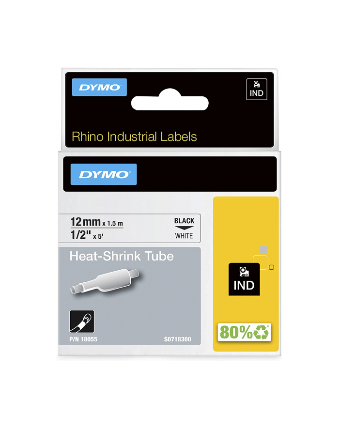 Dymo Rhino IND ORIGINAL heat shrink tubing 12mm x 1.5m, Kolor: CZARNY on Kolor: BIAŁY, label heat shrink tubing (for diameter 2.97-5.13mm, 18055) główny