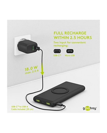 Goobay wireless fast charging power bank 10000mAh (Kolor: CZARNY, USB-C PD, QC 3.0, 10,000 mAh)