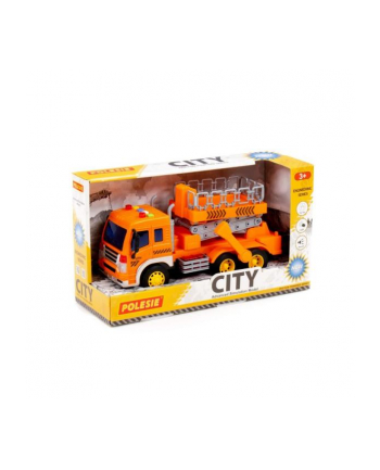 Polesie 89748 Samochód City z podnośnikiem pomarańczowy ze światłem i dźwiękiem w pudełku