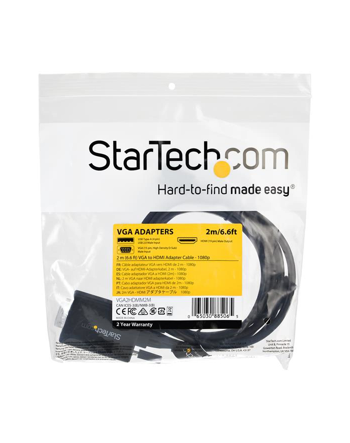 StarTech VGA2HDMM2M .com adapter kablowy 2 m USB Type-A + VGA (D-Sub) HDMI Typu A (Standard) Czarny główny