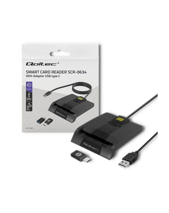 qoltec Inteligentny czytnik chipowych kart ID SCR-0634 | USB typu C główny
