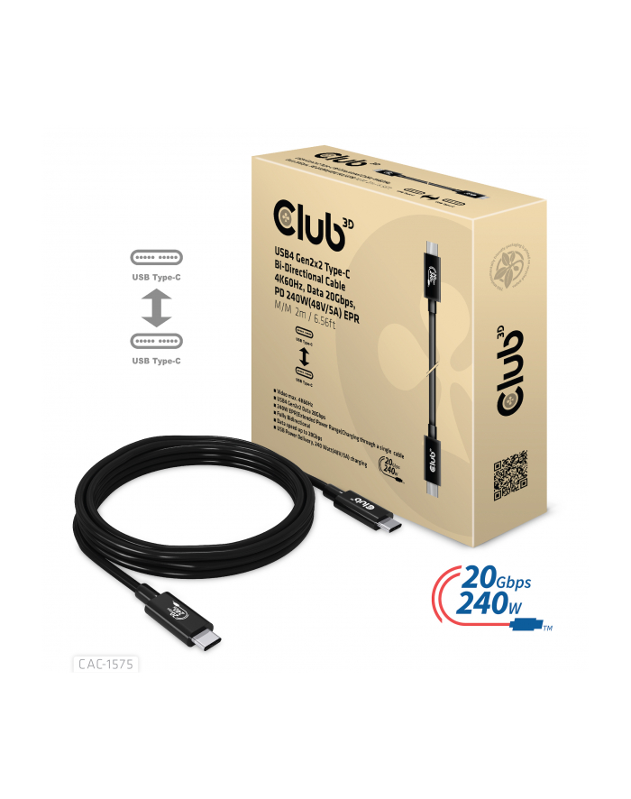 Club 3D CAC-1575 kabel USB 2 m USB4 Gen 2x2 USB C Czarny główny