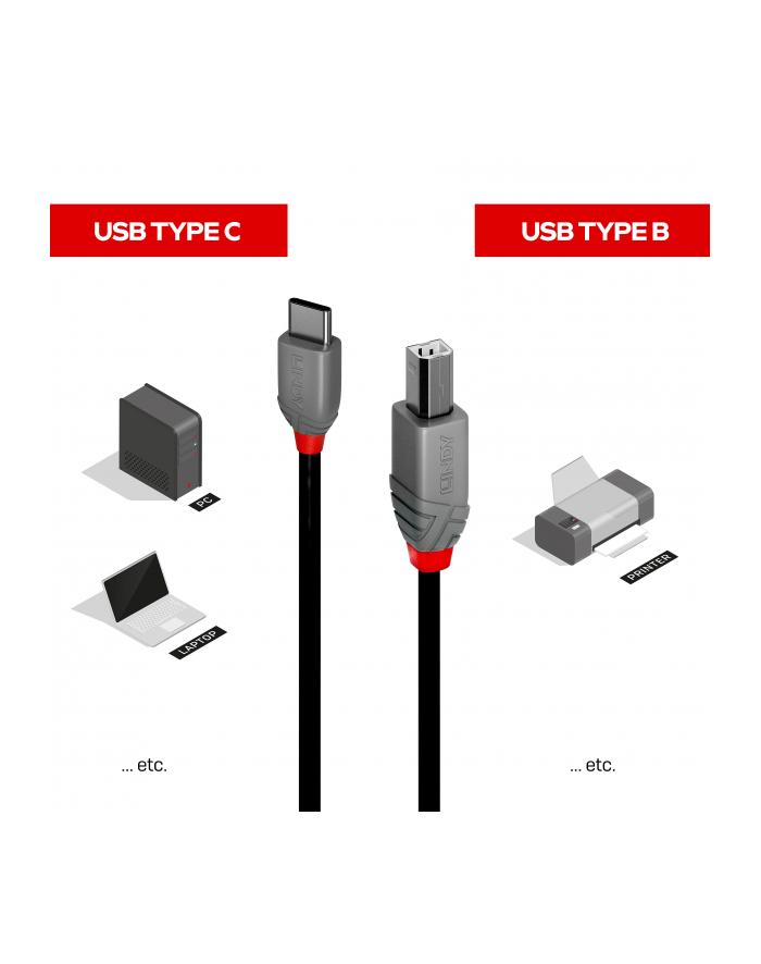 Lindy 36941 kabel USB 1 m USB 2.0 USB C USB B Czarny główny