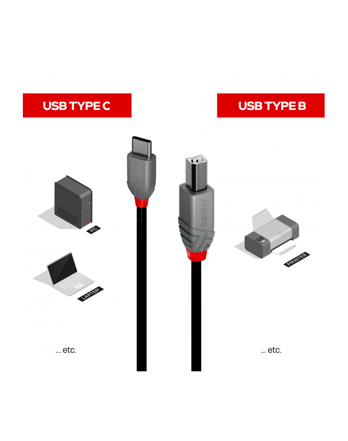 Lindy 36943 kabel USB 3 m USB 2.0 USB C USB B Czarny główny