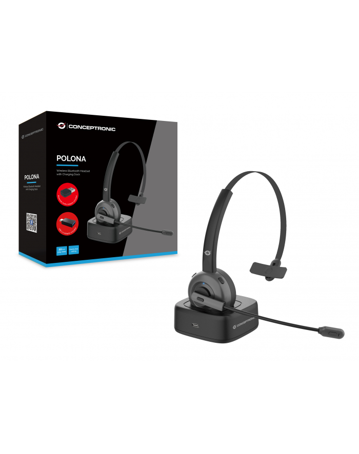 Conceptronic POLONA03BDA słuchawki/zestaw słuchawkowy Opaska na głowę Biuro/centrum telefoniczne Bluetooth Podstawka do ładowania Czarny główny
