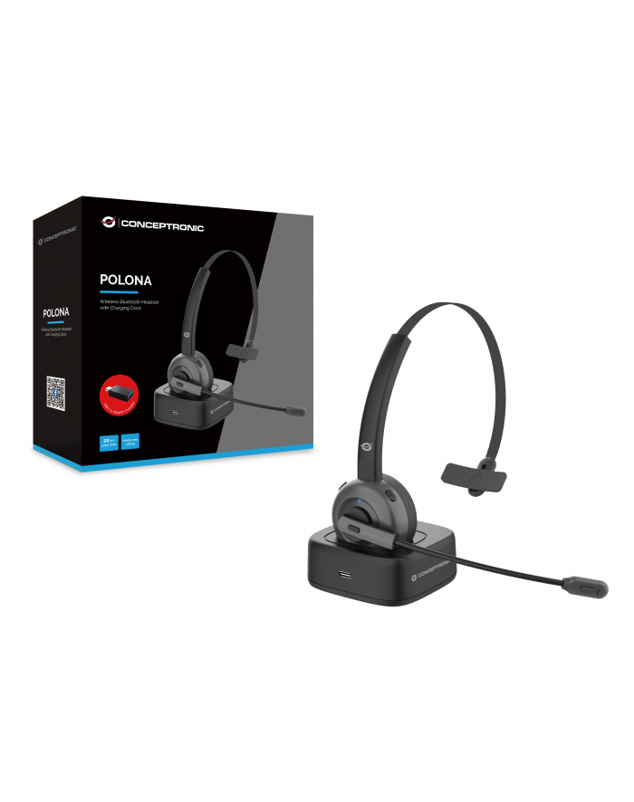 Conceptronic POLONA03BD słuchawki/zestaw słuchawkowy Bezprzewodowy Opaska na głowę Biuro/centrum telefoniczne Bluetooth Podstawka do ładowania Czarny główny
