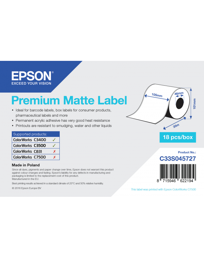 EPSON C33S045727 Premium Matte Label - Continuous Roll: 105mm x 35m główny