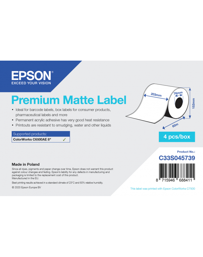 EPSON C33S045739 Premium Matte Label - Continuous Roll: 203mm x 60m główny