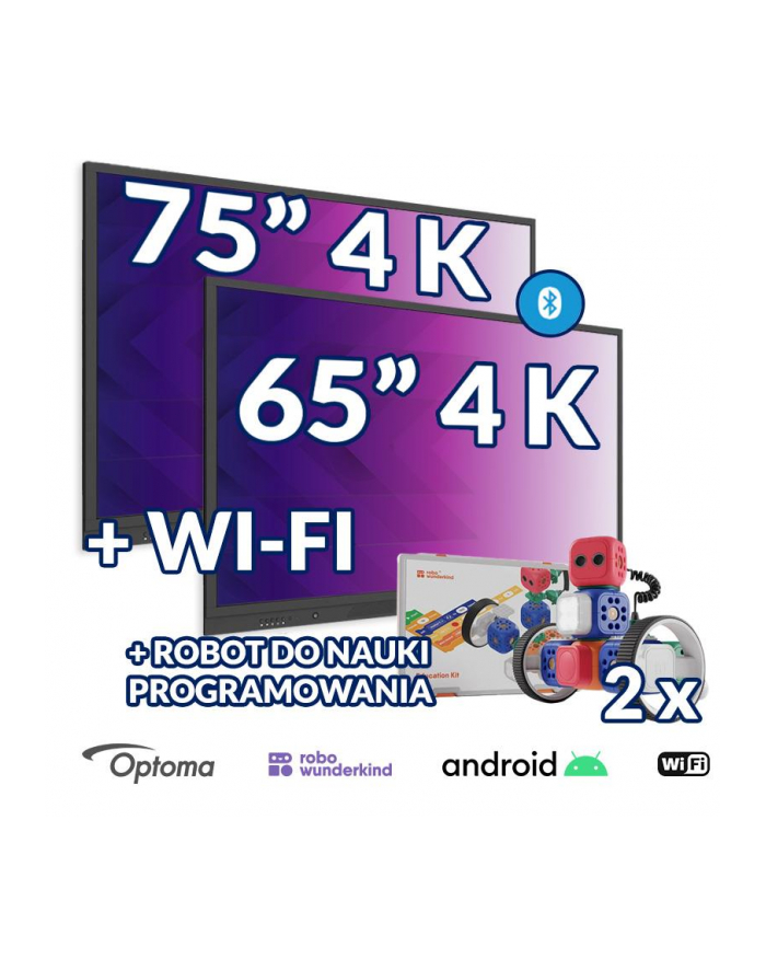 Zestaw interaktywny (wariant 7) Monitor interaktywny OPTOMA 75” 4K + 65” 4K z System Androidem 8.0 i WiFi + 2x robot do nauki programowania Robo Wunderkind główny
