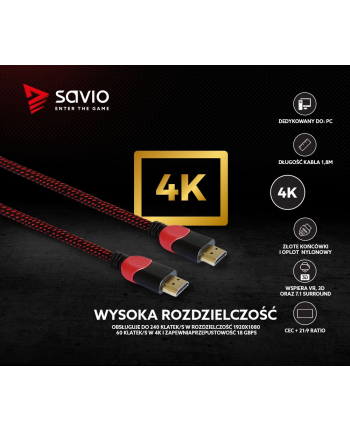 savio Kabel HDMI 2.0 dedykowany do PC czerwono-czarny 1,8m, GCL-01