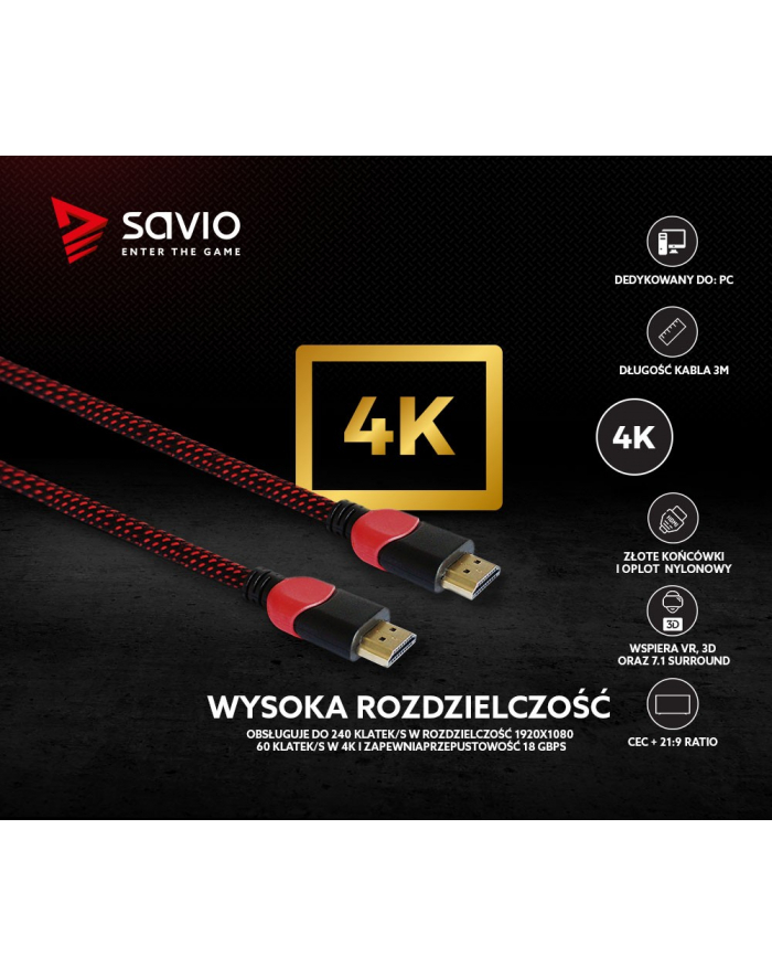 savio Kabel HDMI 2.0 dedykowany do PC czerwono-czarny 3 m, GCL-04 główny