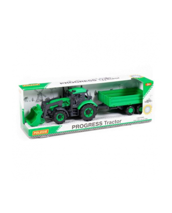 Polesie 91826 Traktor+ładowarka Progres zielony z przyczepą burtową