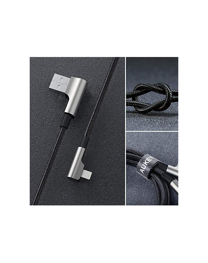 aukey CB-AL01 Black OEM nylonowy kabel USB - Lightning | 2m | wtyki 90 stopni | certyfikat MFi główny