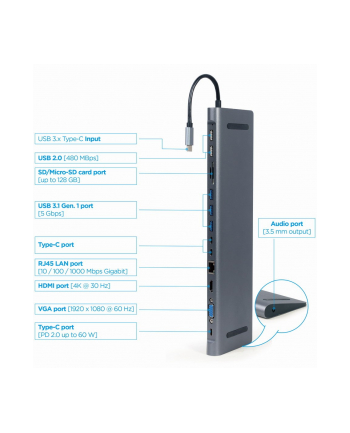 gembird Hub USB-C HDMI GbE 3xUSB 3.1 2xUSB 2.0 2xUSB-C USB-C PD Card VGA