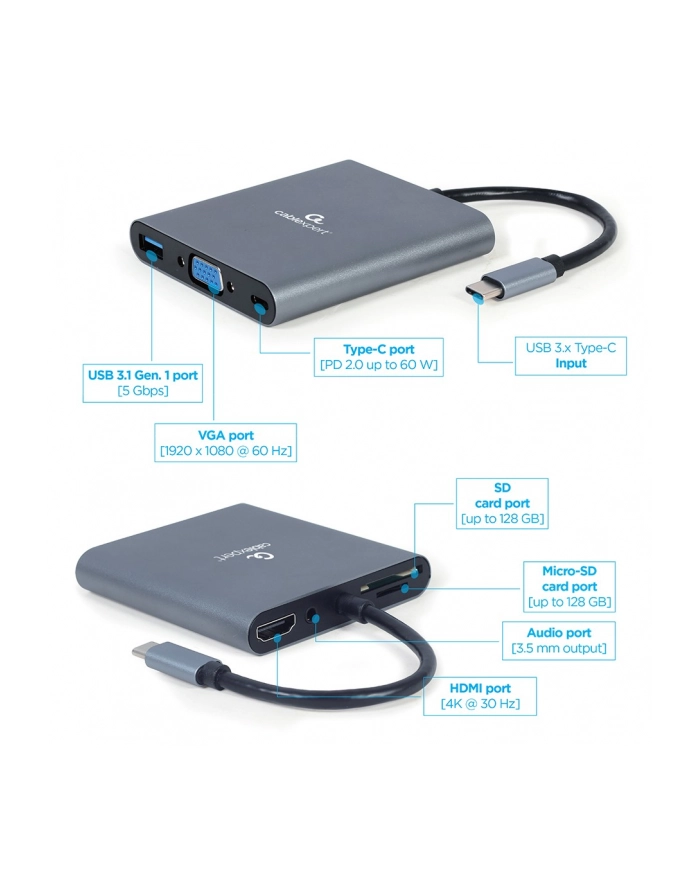 gembird Adapter USB-C Hub HDMI USB-C PD VGA USB 3.0 Audio Card główny
