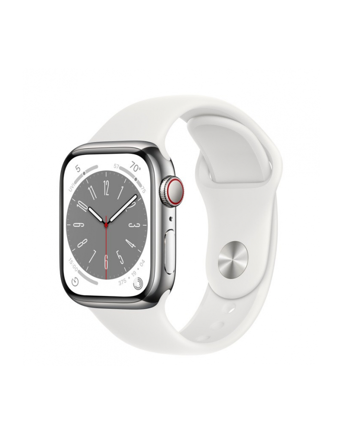 apple Watch Series 8 GPS + Cellular, 41 mm Koperta ze stali nierdzewnej w kolorze srebrnym z paskiem sportowym w kolorze białym - regular główny
