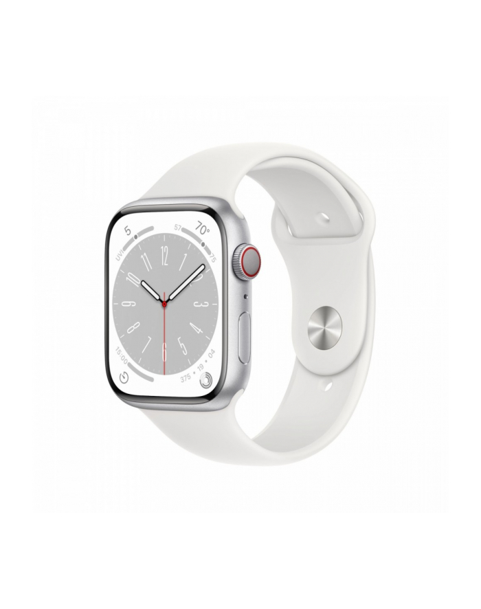 apple Watch Series 8 GPS, 45 mm Koperta z aluminium w kolorze srebrnym z paskiem sportowym w kolorze białym - regular główny