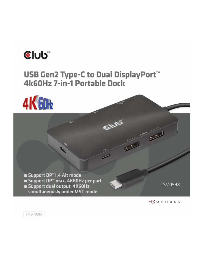 club 3d Club3D CSV-1598 USB Gen2 Type-C to Dual DisplayPort™ 4k60Hz 7-in-1 Portable Dock główny